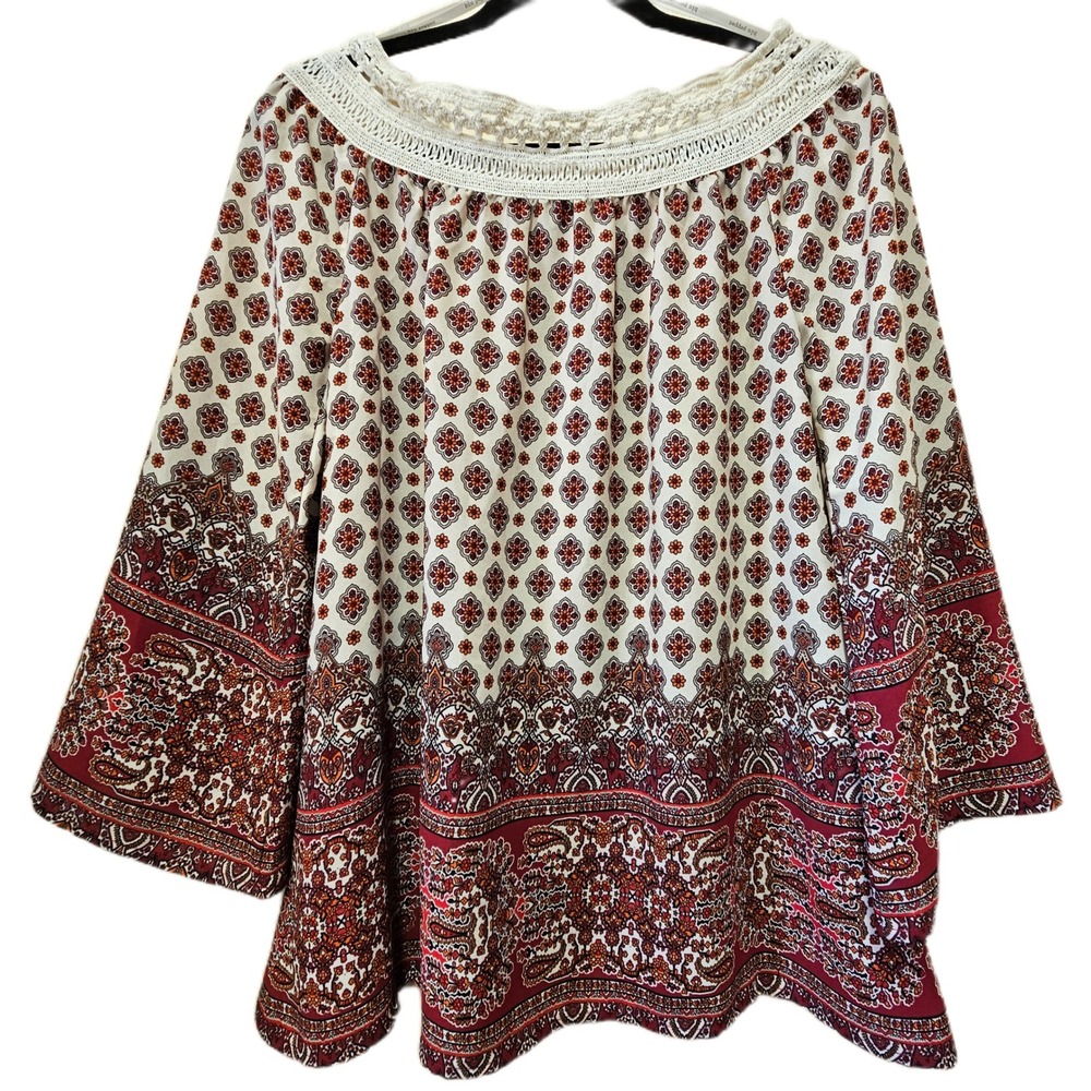 Blu Pepper Paisley Crochet Trim Off The Shoulder Bell Sleeve‎ Peasant Top Small - Picture 2 of 9